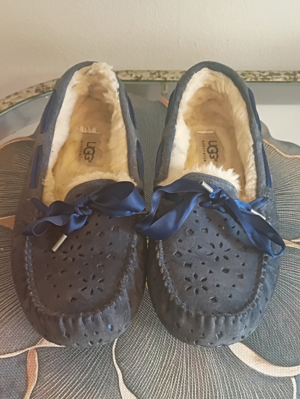 UGG Women's Navy Suede Shearling-Lined Moccasin Slippers